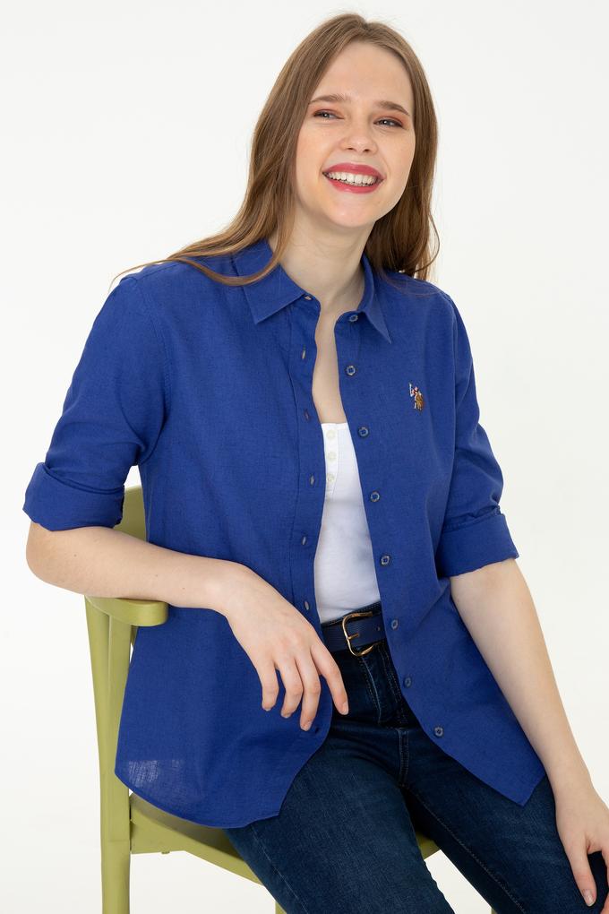 Kadın Mavi Keten Görünümlü Uzun Kollu Basic Gömlek