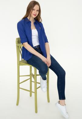 Kadın Mavi Keten Görünümlü Uzun Kollu Basic Gömlek - 50246464084