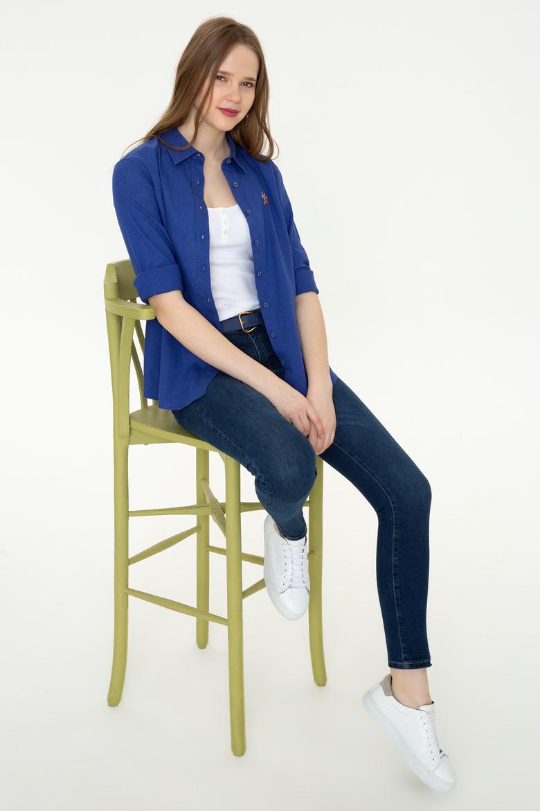 Kadın Mavi Keten Görünümlü Uzun Kollu Basic Gömlek - 50246464084