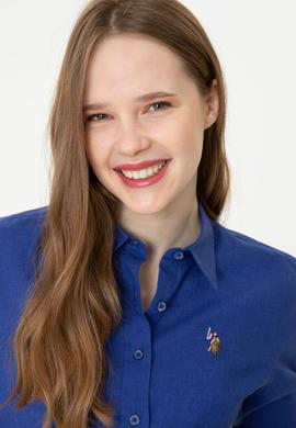 Kadın Mavi Keten Görünümlü Uzun Kollu Basic Gömlek - 50246464084