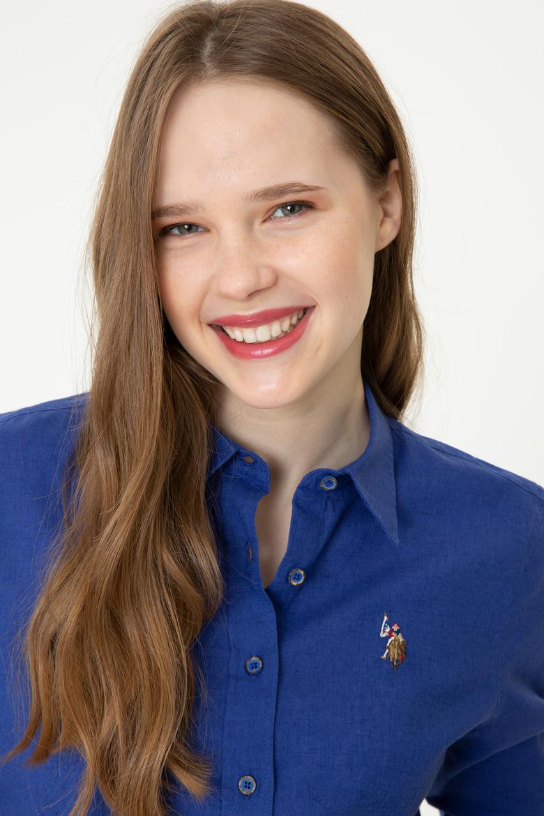 Kadın Mavi Keten Görünümlü Uzun Kollu Basic Gömlek - 50246464084