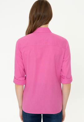 Kadın Pembe Keten Görünümlü Uzun Kollu Basic Gömlek - 50246464098