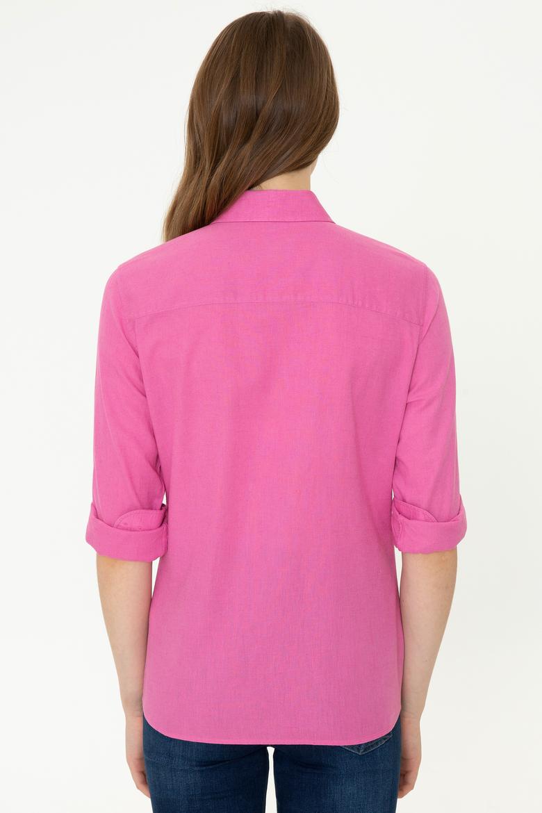 Kadın Pembe Keten Görünümlü Uzun Kollu Basic Gömlek - 50246464098