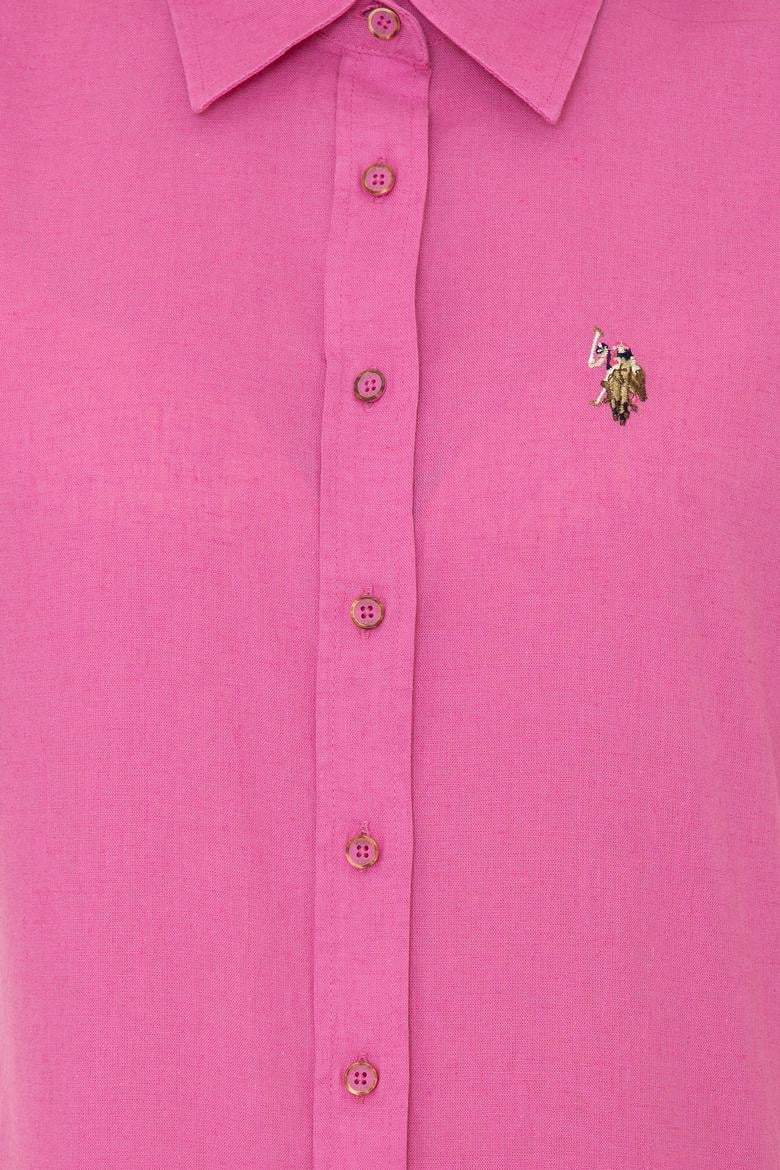 Kadın Pembe Keten Görünümlü Uzun Kollu Basic Gömlek - 50246464098
