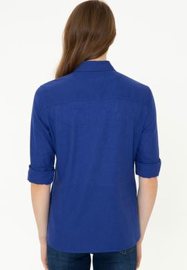 Kadın Mavi Keten Görünümlü Uzun Kollu Basic Gömlek - 50246464084