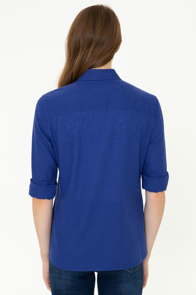 Kadın Mavi Keten Görünümlü Uzun Kollu Basic Gömlek - 50246464084