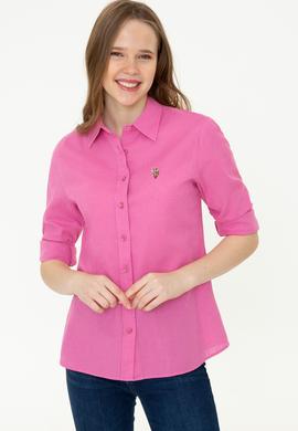 Kadın Pembe Keten Görünümlü Uzun Kollu Basic Gömlek - 50246464098