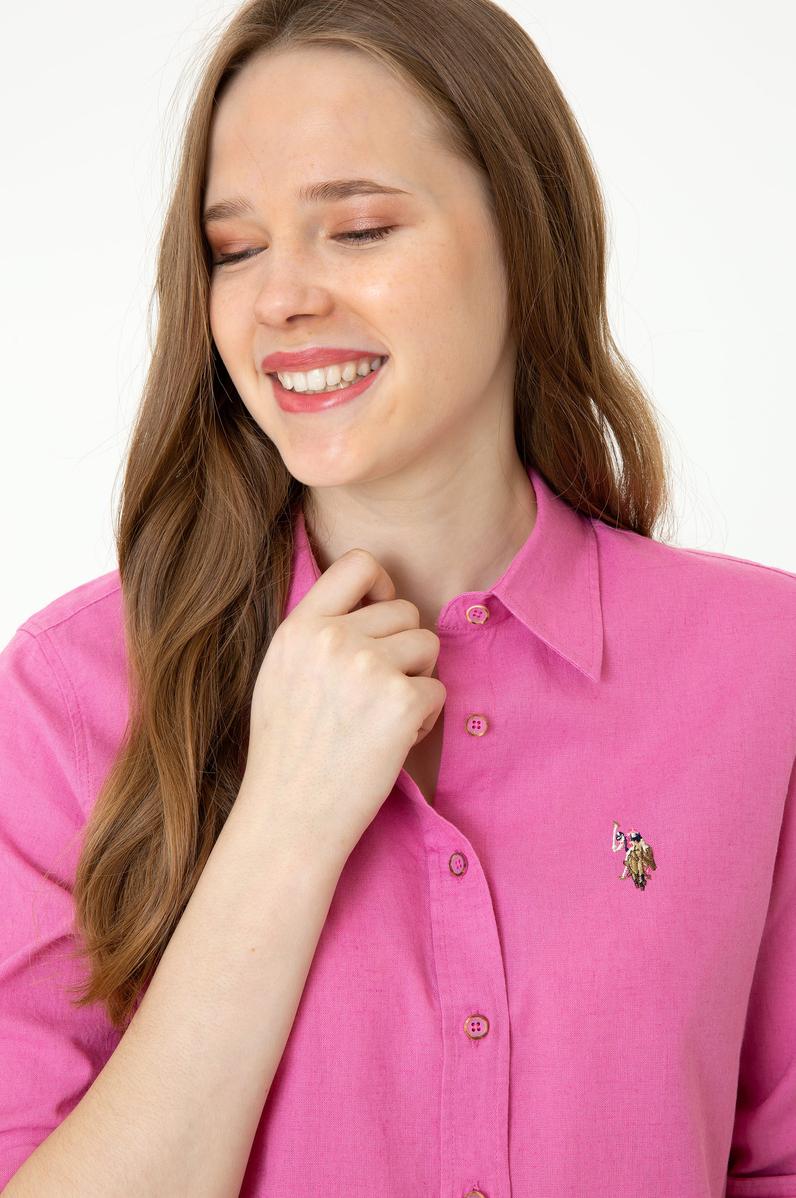 Kadın Pembe Keten Görünümlü Uzun Kollu Basic Gömlek