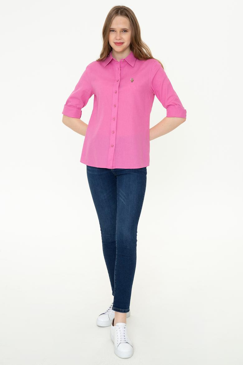 Kadın Pembe Keten Görünümlü Uzun Kollu Basic Gömlek - 50246464098