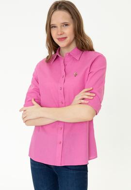 Kadın Pembe Keten Görünümlü Uzun Kollu Basic Gömlek - 50246464098