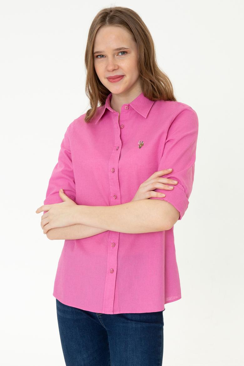 Kadın Pembe Keten Görünümlü Uzun Kollu Basic Gömlek - 50246464098