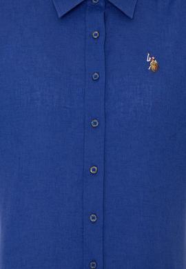 Kadın Mavi Keten Görünümlü Uzun Kollu Basic Gömlek - 50246464084