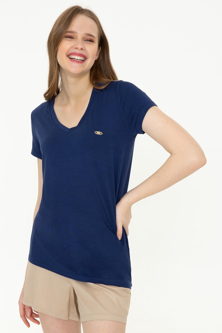 Kadın Lacivert V Yaka Basic Tişört - 50246033013