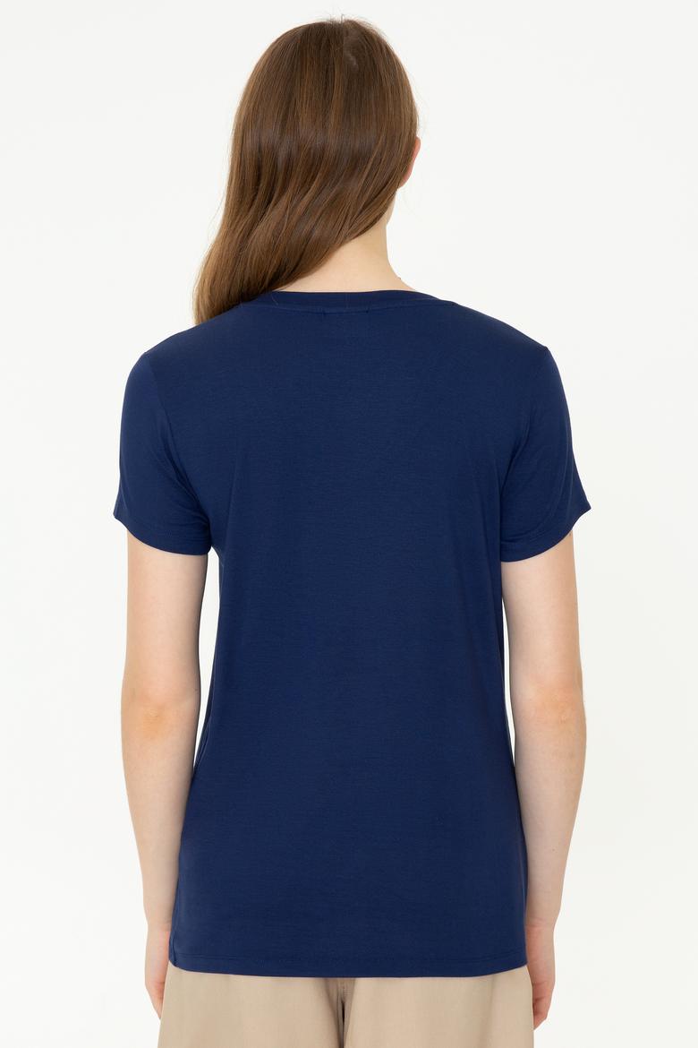 Kadın Lacivert V Yaka Basic Tişört - 50246033013