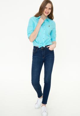 Kadın Turkuaz Keten Görünümlü Uzun Kollu Basic Gömlek - 50246464004