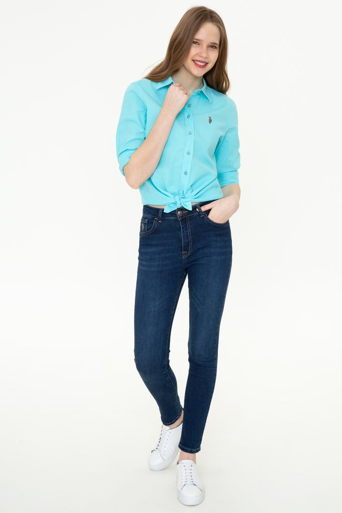 Kadın Turkuaz Keten Görünümlü Uzun Kollu Basic Gömlek