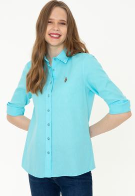 Kadın Turkuaz Keten Görünümlü Uzun Kollu Basic Gömlek - 50246464004