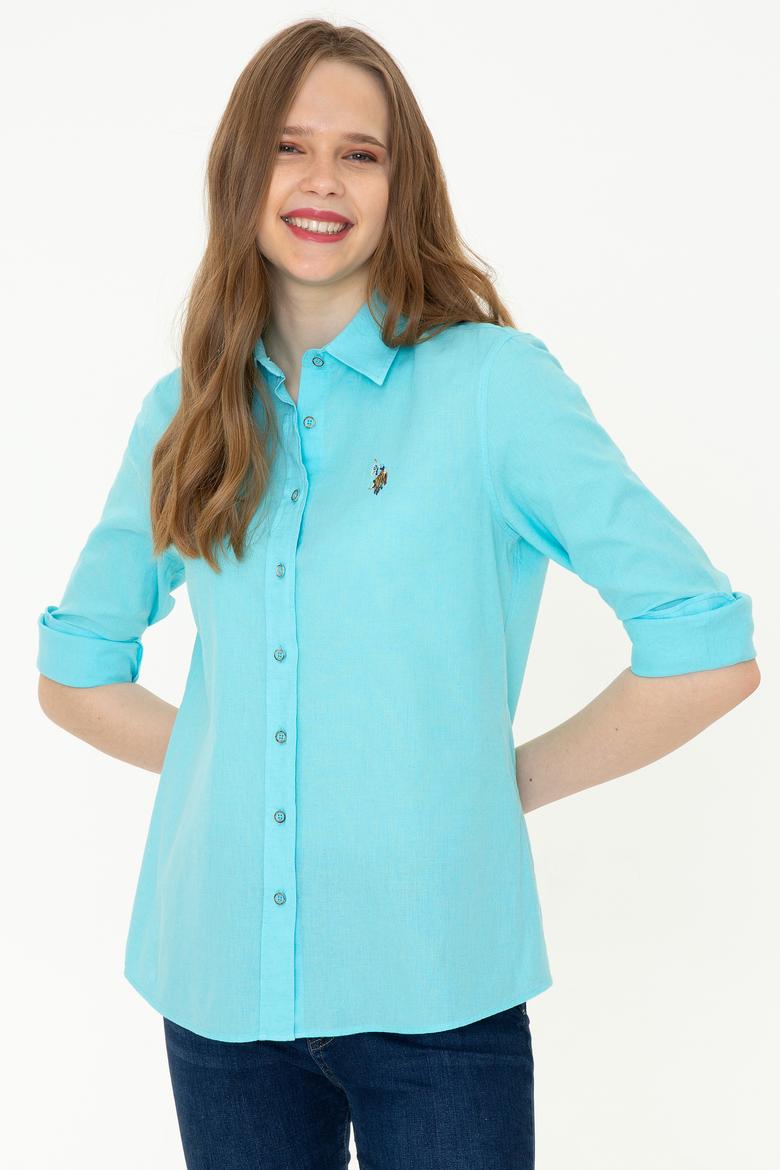 Kadın Turkuaz Keten Görünümlü Uzun Kollu Basic Gömlek - 50246464004
