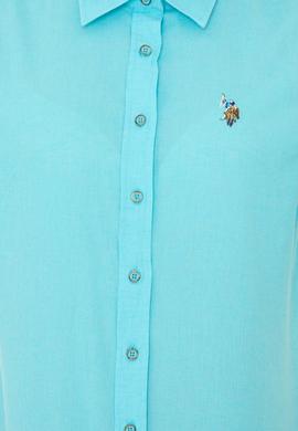 Kadın Turkuaz Keten Görünümlü Uzun Kollu Basic Gömlek - 50246464004