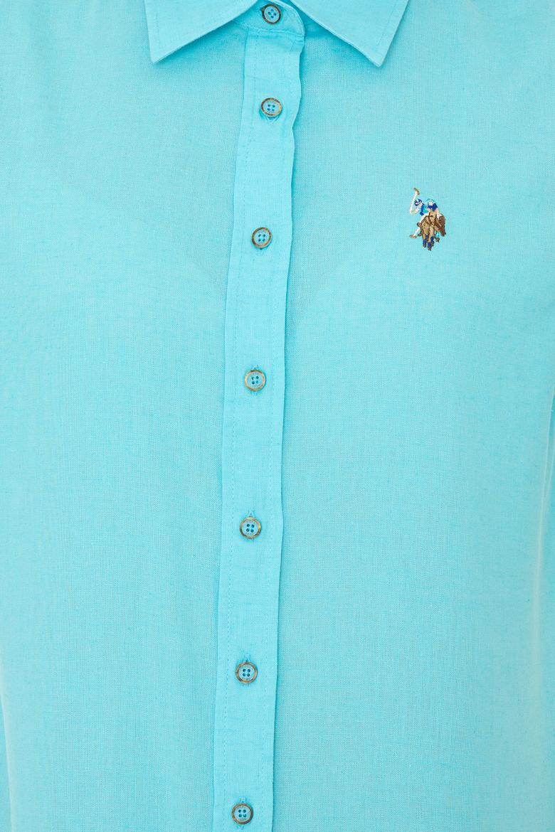 Kadın Turkuaz Keten Görünümlü Uzun Kollu Basic Gömlek - 50246464004