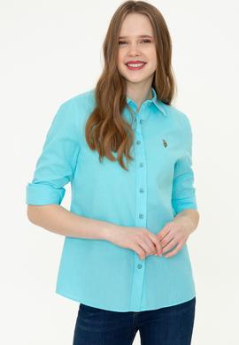 Kadın Turkuaz Keten Görünümlü Uzun Kollu Basic Gömlek - 50246464004