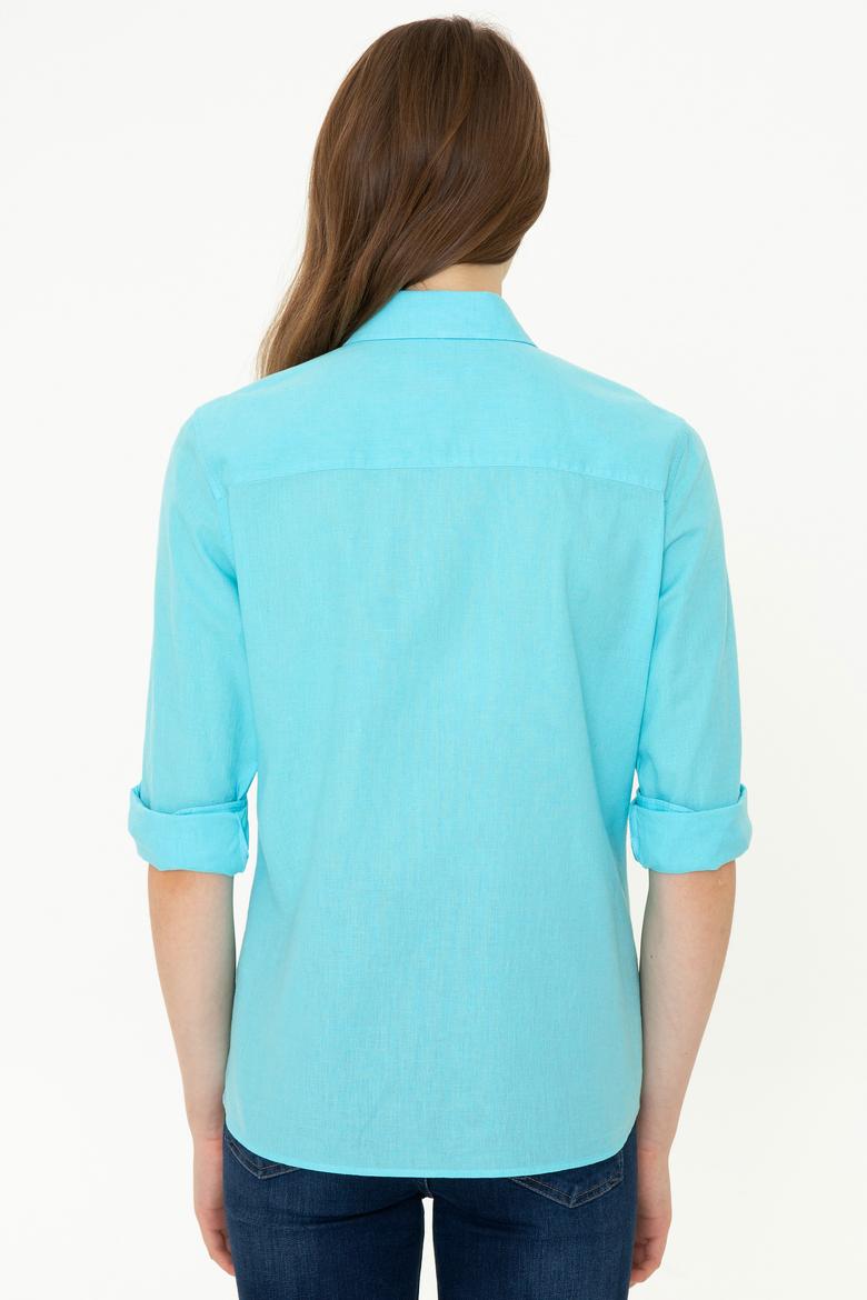 Kadın Turkuaz Keten Görünümlü Uzun Kollu Basic Gömlek - 50246464004