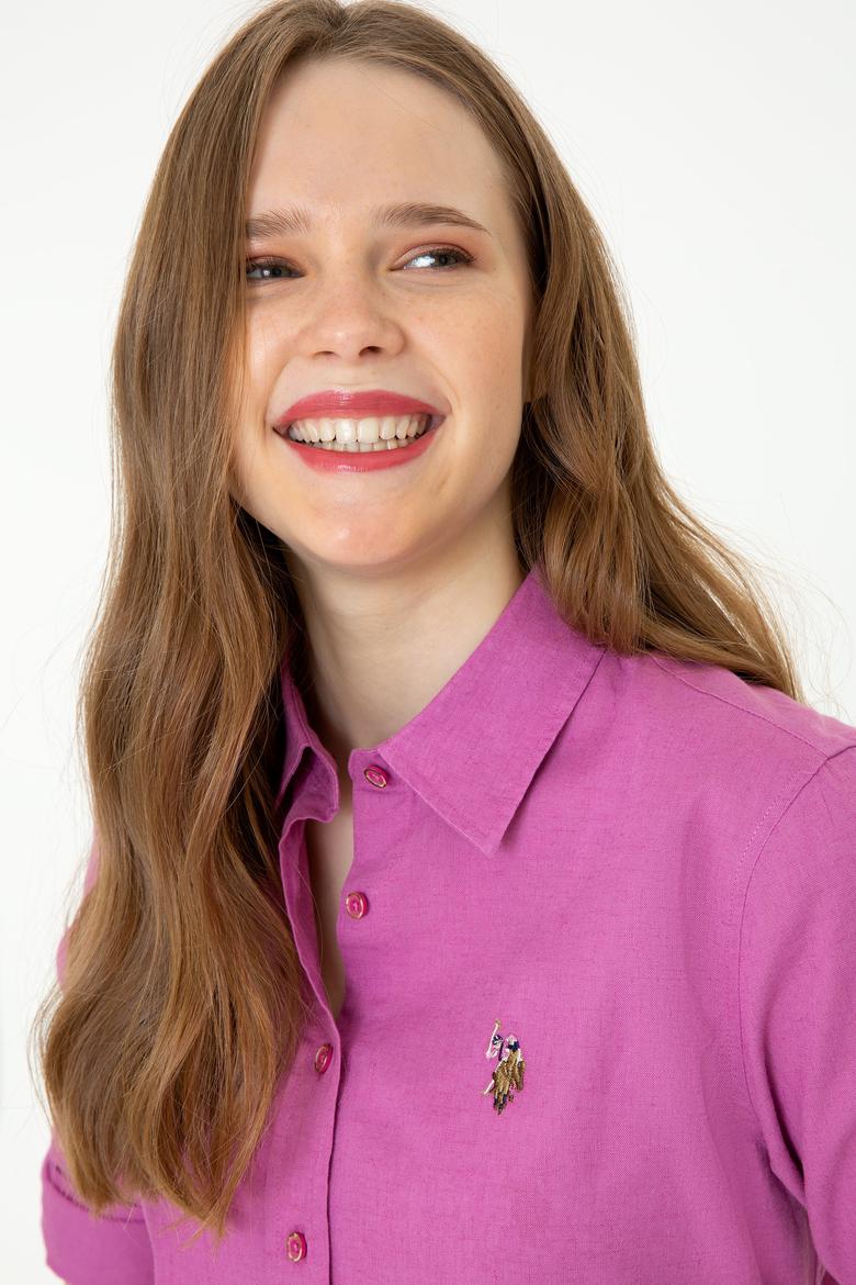 Kadın Menekşe Keten Görünümlü Uzun Kollu Basic Gömlek - 50246464124