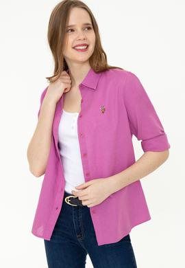 Kadın Menekşe Keten Görünümlü Uzun Kollu Basic Gömlek - 50246464124