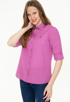 Kadın Menekşe Keten Görünümlü Uzun Kollu Basic Gömlek - 50246464124