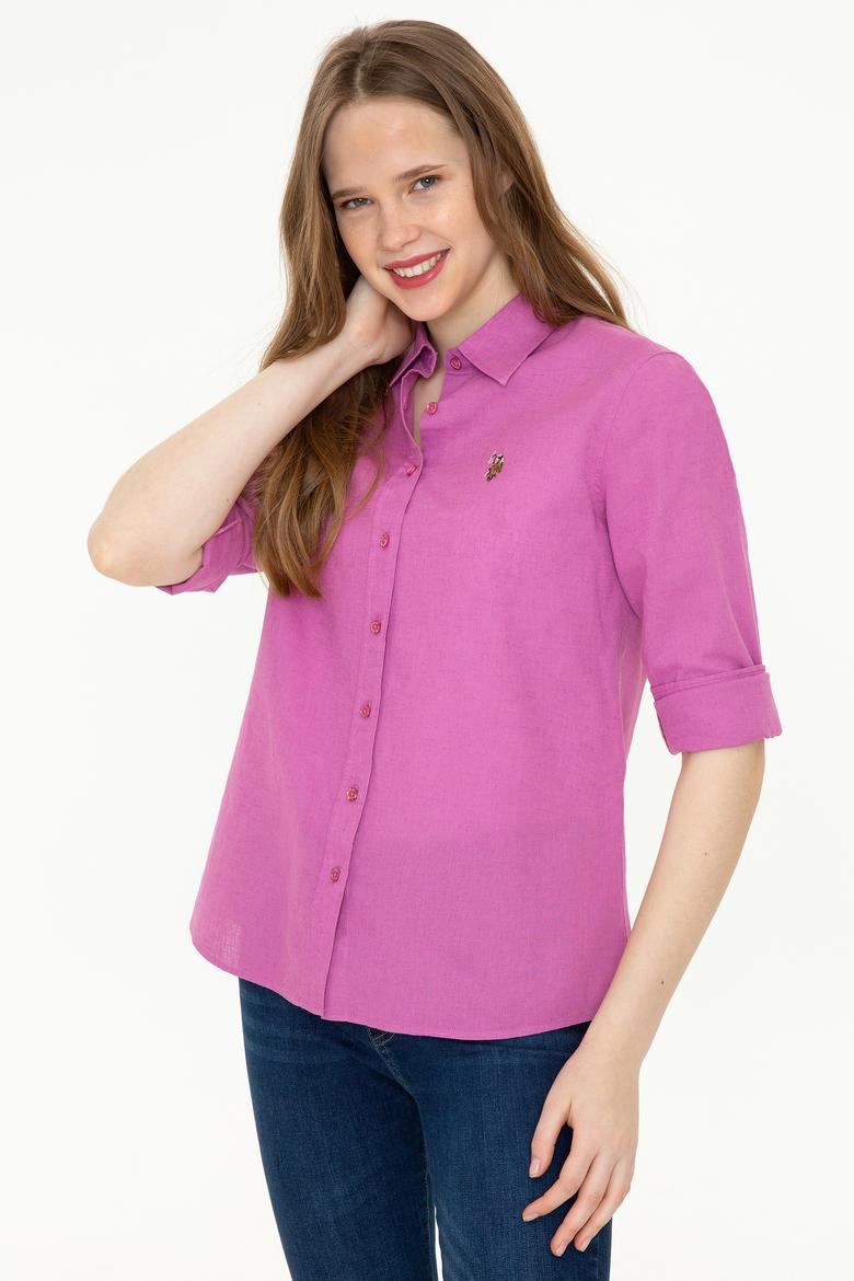 Kadın Menekşe Keten Görünümlü Uzun Kollu Basic Gömlek - 50246464124