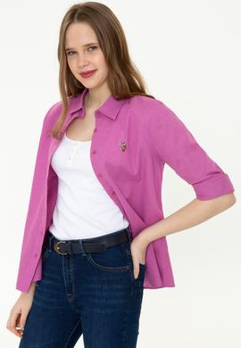 Kadın Menekşe Keten Görünümlü Uzun Kollu Basic Gömlek - 50246464124