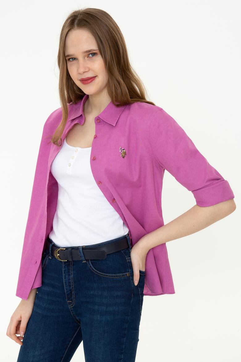 Kadın Menekşe Keten Görünümlü Uzun Kollu Basic Gömlek - 50246464124