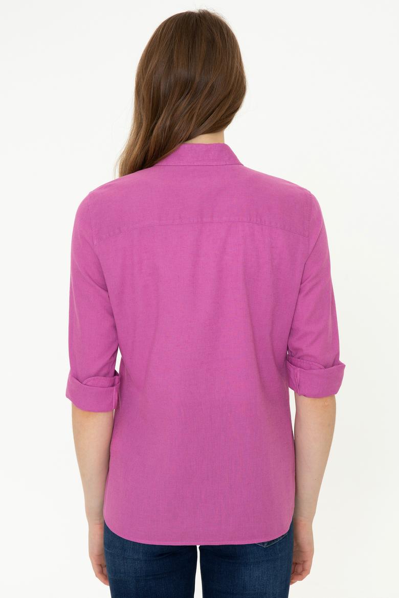 Kadın Menekşe Keten Görünümlü Uzun Kollu Basic Gömlek - 50246464124