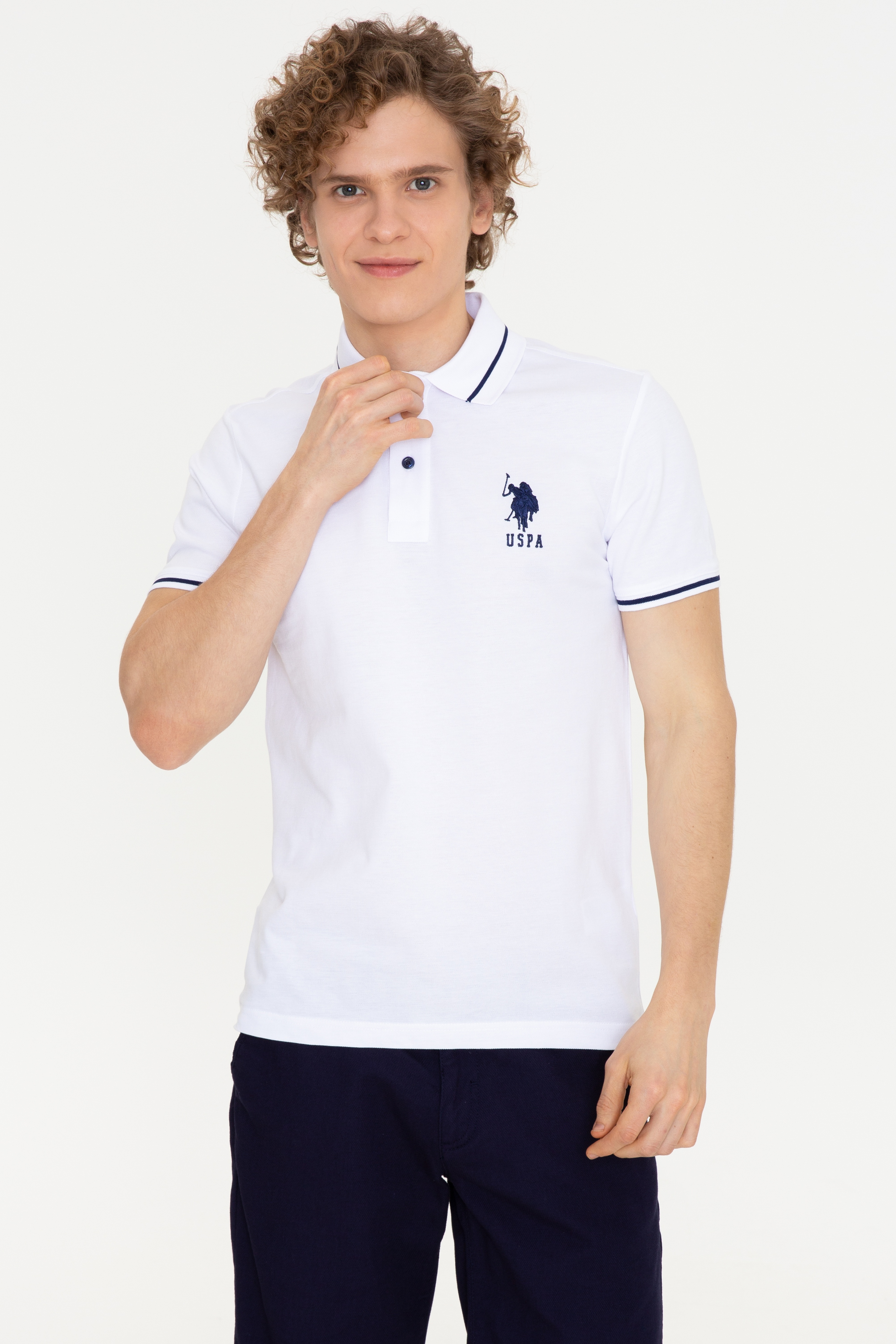 Erkek Beyaz Polo Yaka T-Shirt Basic - Image 3