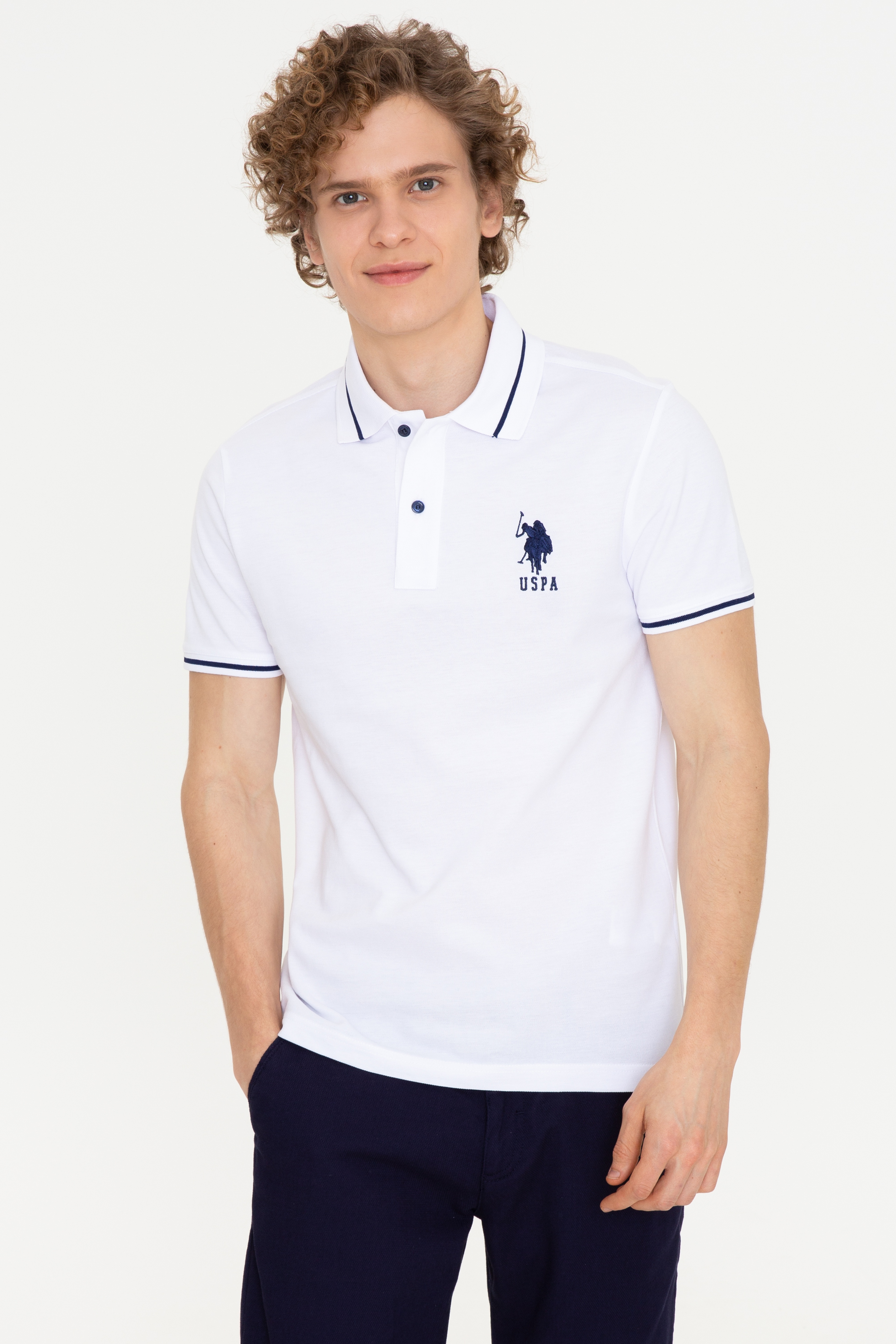 Erkek Beyaz Polo Yaka T-Shirt Basic - Image 2
