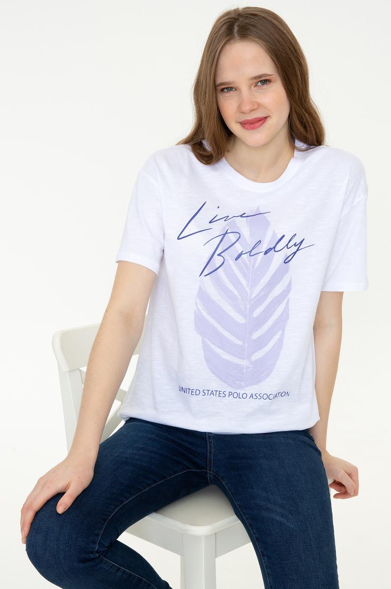 Kadın Beyaz Bisiklet Yaka Tişört