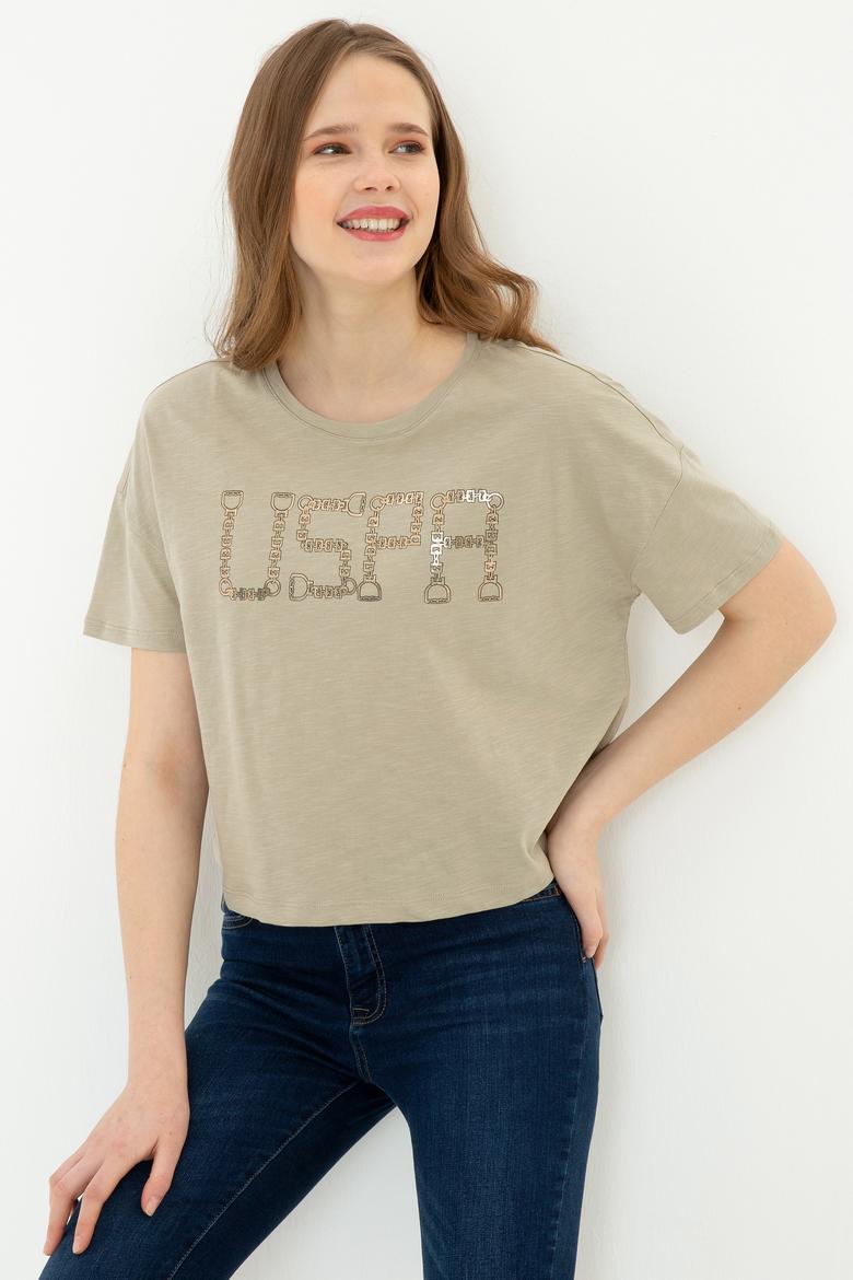 Kadın Haki Bisiklet Yaka Crop Tişört - 50249014007