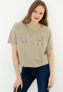 Kadın Haki Bisiklet Yaka Crop Tişört - 50249014007