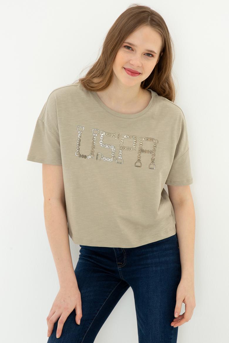 Kadın Haki Bisiklet Yaka Crop Tişört - 50249014007