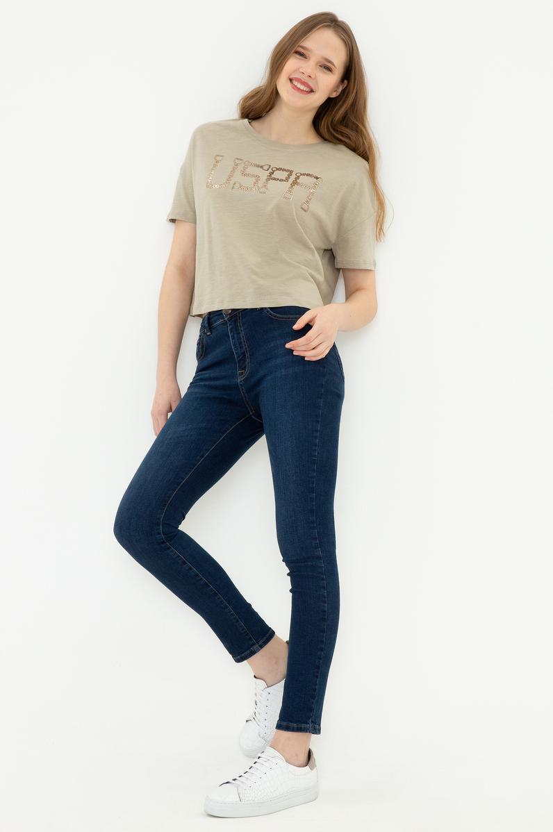 Kadın Haki Bisiklet Yaka Crop Tişört