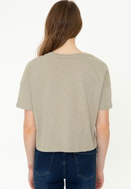 Kadın Haki Bisiklet Yaka Crop Tişört - 50249014007