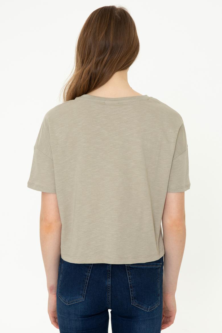 Kadın Haki Bisiklet Yaka Crop Tişört - 50249014007