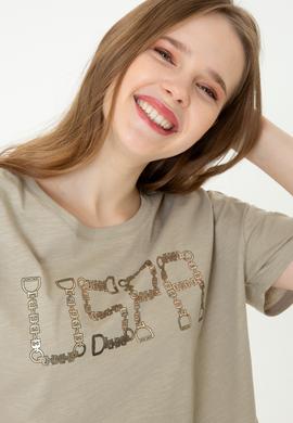 Kadın Haki Bisiklet Yaka Crop Tişört - 50249014007