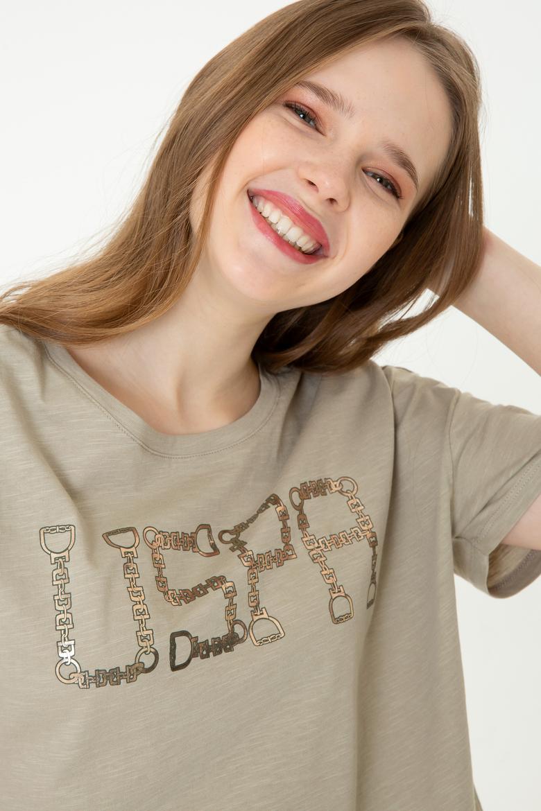 Kadın Haki Bisiklet Yaka Crop Tişört - 50249014007