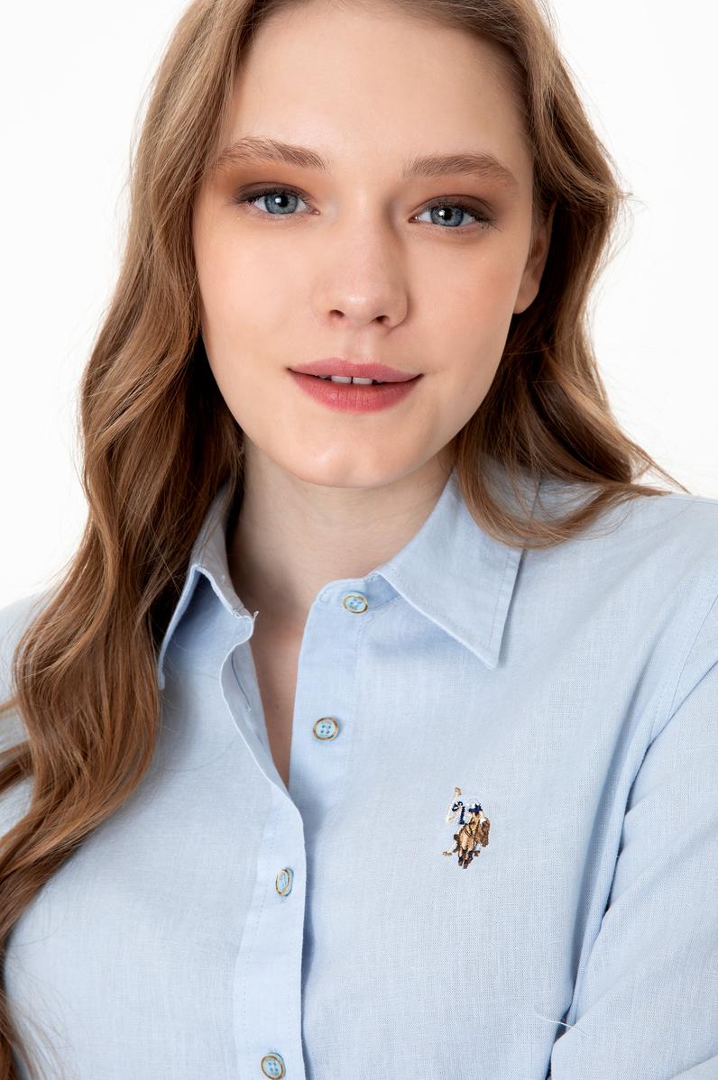 Kadın Açık Mavi Keten Görünümlü Uzun Kollu Basic Gömlek