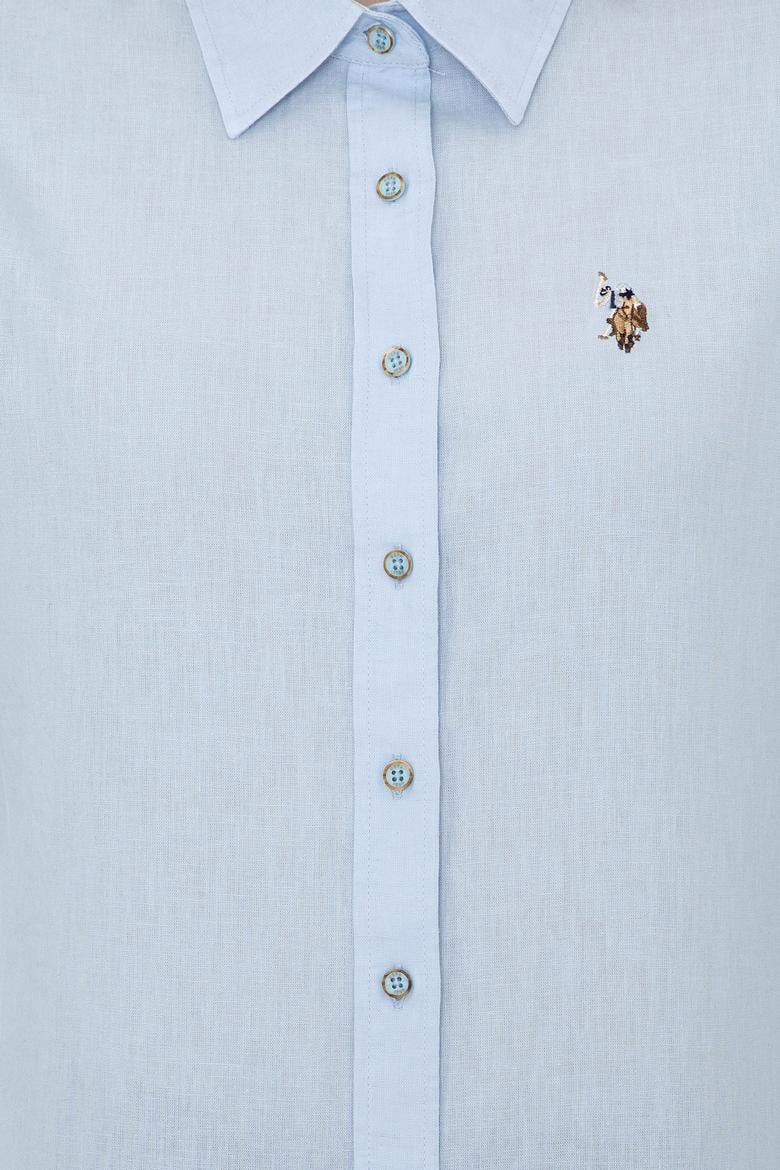 Kadın Açık Mavi Keten Görünümlü Uzun Kollu Basic Gömlek - 50246464042