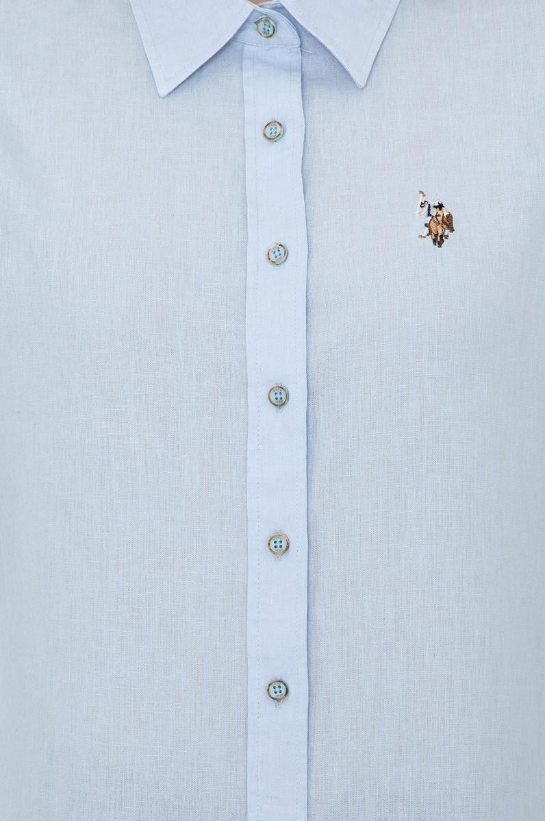 Kadın Açık Mavi Keten Görünümlü Uzun Kollu Basic Gömlek