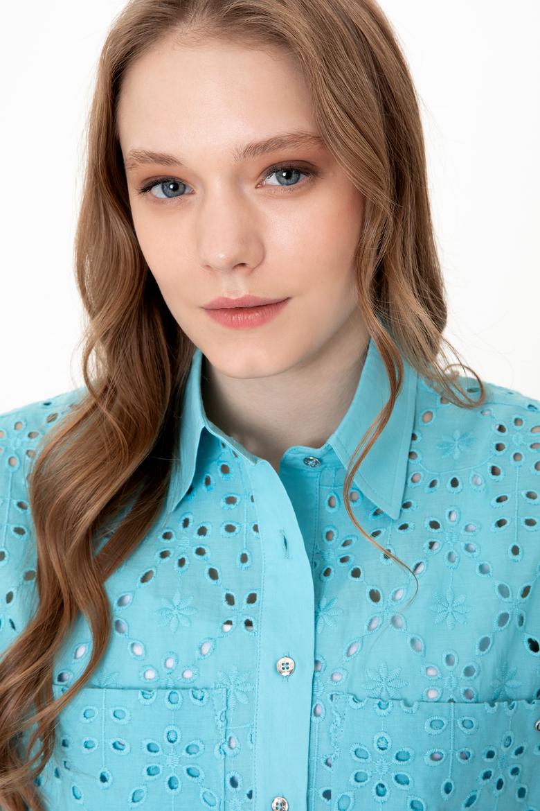 Kadın Turkuaz Kısa Kollu Gömlek - 50249561009