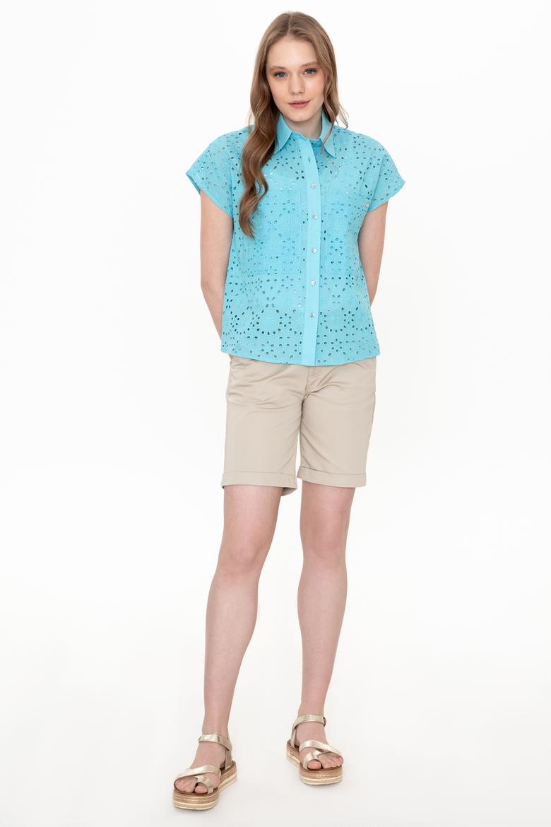 Kadın Turkuaz Kısa Kollu Gömlek - 50249561009