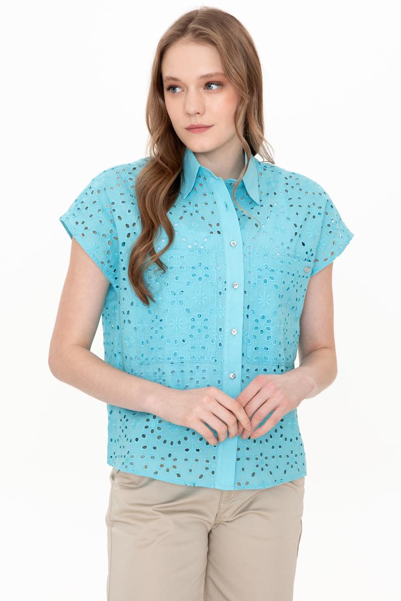 Kadın Turkuaz Kısa Kollu Gömlek - 50249561009